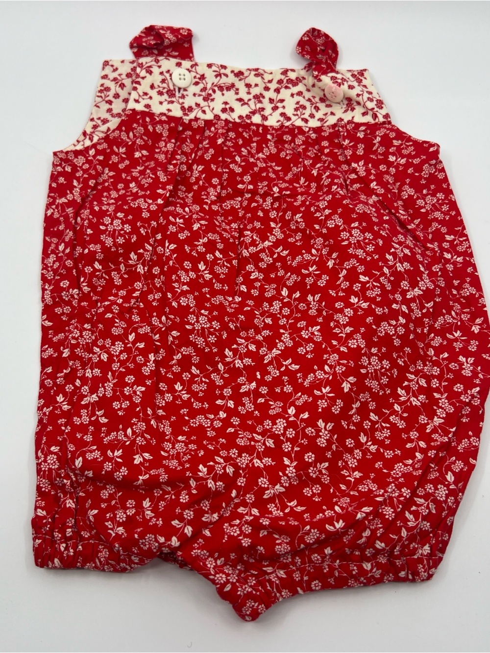 Vintage Red & White Floral Toddler Baby Onesie with Button Straps